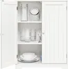 A white cabinet with its left door open, revealing shelves stocked with glassware and dishes. Produktbild-Vorschau