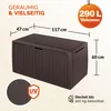 A brown storage box with dimensions and volume indicated. Produktbild-Vorschau