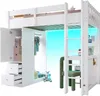 A white loft bed with integrated storage, wardrobe, and desk, illuminated by blue LED lights. Podgląd zdjęcia produktu