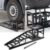 A collage of three images showing a black hydraulic car ramp with a car tire on it, and a close-up of the ramp's hydraulic mechanism. Náhled obrázku produktu