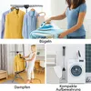 A collage of images showing a clothes drying rack with shirts, a person ironing, a person steaming a shirt, and a laundry room with a washing machine and storage. Voir les images du produit