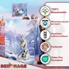 Marketing image for Frozen bedding featuring Elsa and Olaf in a snowy landscape, with feature callouts. Produktbild-Vorschau