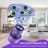 A purple vacuum cleaner filter is shown in the foreground, with a diagram illustrating air purification elements like dust mites and pollen in the background, set in a living room. Produktbild-Vorschau