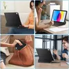 Collage of four images showing a black tablet case with a keyboard being used in different settings. Podgląd zdjęcia produktu