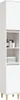A tall, narrow white cabinet with wooden legs and open shelves displaying bathroom items. Náhled obrázku produktu