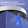 Close-up of the underside of a robot vacuum cleaner, with a blue grid overlay and light beams indicating its anti-drop sensors. Produktbild-Vorschau