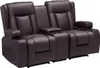A brown leather loveseat sofa with a center console, cup holders, and storage pockets. Podgląd zdjęcia produktu