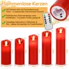 A marketing image showcasing a set of red LED flameless candles with a remote control and size measurements. Produktbild-Vorschau