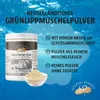 A product shot of a jar of green-lipped mussel powder with accompanying text and graphics, set against a blue, watery background. Produktbild-Vorschau