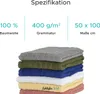 A stack of colorful towels with product specifications listed above. Produktbild-Vorschau