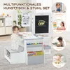 A child is sitting at a multi-functional art table and chair set, with various art supplies and books visible. The image also includes inset circular photos of children drawing, playing, learning, and eating. Produktbild-Vorschau