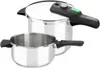 A stainless steel pressure cooker and a separate pot are shown against a white background. Produktbild-Vorschau