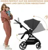 A woman holding a baby next to a stroller, with graphics indicating adjustable features. Produktbild-Vorschau