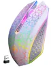 A white wireless gaming mouse with RGB lighting and a USB receiver. Produktbild-Vorschau