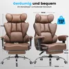 Two views of a brown ergonomic office chair with dimensions indicated by text and arrows. Podgląd zdjęcia produktu