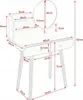 A diagram showing the dimensions of a white wooden vanity table with a mirror and drawers. Produktbild-Vorschau