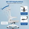 A collage of images showing a white ergonomic office chair with demonstrations of its reclining and height adjustment features. Produktbild-Vorschau