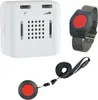 A white emergency call system base unit and two wearable emergency call buttons are displayed against a white background. Produktbild-Vorschau
