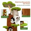A cat tree with multiple levels and platforms, featuring cats interacting with it. Text overlays describe its features. Produktbild-Vorschau
