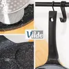 A collage of close-up shots of a speckled frying pan, its handle, and a logo. Produktbild-Vorschau