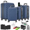 A collage of luggage and travel accessories, including several blue suitcases, black luggage covers, a luggage scale, and travel straps. Produktbild-Vorschau