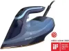 A dark blue Philips iron with blue accents is displayed against a white background, accompanied by award badges. Produktbild-Vorschau