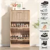 A wooden shoe cabinet with multiple shelves and doors, displaying various types of shoes. The right side of the image features a collage of different shoe types with French labels. Voir les images du produit