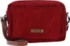 A red shoulder bag with a brown leather strap is shown against a white background.