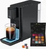 A black coffee machine with a glass of espresso and a box of coffee capsules. Produktbild-Vorschau