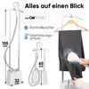 A Clatronic stand steamer is shown with its features highlighted, including dimensions and safety indicators. A person is demonstrating its use on a pair of trousers. Náhled obrázku produktu