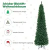 A tall, slender artificial Christmas tree with text and icons describing its features. Voir les images du produit