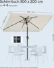 A rectangular patio umbrella is shown open over a table and chairs, with dimensions and pole diameter indicated. Produktbild-Vorschau