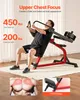 A man is using a chest press machine in a room with curtains in the background. There are also inset images showing chest muscles and the machine's incline design. Produktbild-Vorschau