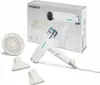 A white Medion hair dryer and its accessories are displayed on a white background, with the product's packaging visible behind it. Náhľad obrázku produktu