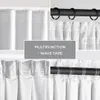 A collage of four images showing different ways to hang and pleat white curtains, with a central grey box containing text. Produktbild-Vorschau