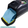 A close-up view of a vacuum cleaner bag being inserted into a vacuum cleaner. Produktbild-Vorschau