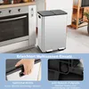 A dual-compartment stainless steel trash can is shown in a kitchen setting, next to an oven. The image also includes close-up shots highlighting its features. Podgląd zdjęcia produktu