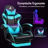 A cyan and black gaming chair is shown with illustrative graphics highlighting ergonomic features and massage points. Produktbild-Vorschau
