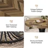A collage of images showcasing different features of a round wooden coffee table, including its design, tabletop thickness, and pedestal. Voir les images du produit