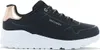 A side view of a black Skechers sneaker with a white sole and rose gold accents. Voir les images du produit