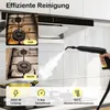 A collage showing a dirty stove top before and after cleaning with a steam cleaner, and the steam cleaner in use. Produktbild-Vorschau