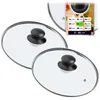 Two glass pot lids with black handles are shown, with a marketing graphic in the upper right corner displaying various sizes. Náhľad obrázku produktu