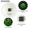 A collage of images showing details of a wall clock with a cannabis leaf design. Produktbild-Vorschau