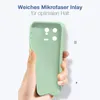 A hand holding a light green phone case with cutouts for a camera module. Produktbild-Vorschau