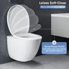 A white wall-mounted toilet with the lid open, showing its soft-close feature and non-slip buffers. Produktbild-Vorschau