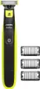 A Philips OneBlade electric shaver and three trimming attachments are shown against a white background. Podgląd zdjęcia produktu