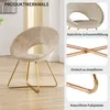 A collage showcasing a beige velvet accent chair with gold metal legs. Different angles and close-ups highlight its features and ease of assembly. Produktbild-Vorschau