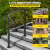 A black wrought iron handrail is shown on a set of outdoor stairs, with smaller images on the right showing the handrail in different settings like a garden, home, hotel, and porch. Podgląd zdjęcia produktu