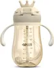 A close-up studio shot of a baby bottle with a straw and handles, featuring a crown-like cap. Produktbild-Vorschau
