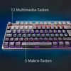 A close-up view of a mechanical gaming keyboard with illuminated keys, highlighting multimedia and macro keys. Produktbild-Vorschau